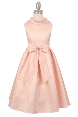 Girls Dress Style 1197 - SALE PEACH Collared Satin Dress with Front Bow